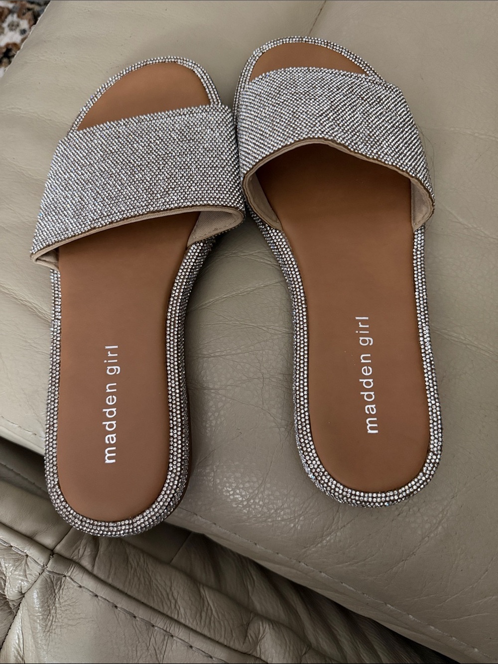 Madden Girl Silver Rhinestone Slide Mules